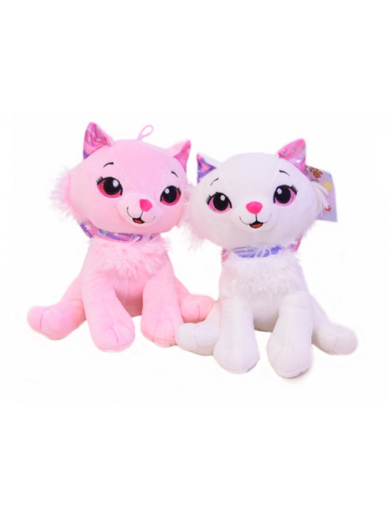 GATTO PELUCHE ROSA/BIA.25CM PTS20747/25